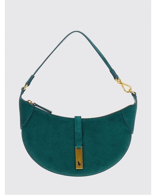 Polo Ralph Lauren Green Suede Cowhide Shoulder Bag With Zip Closure
