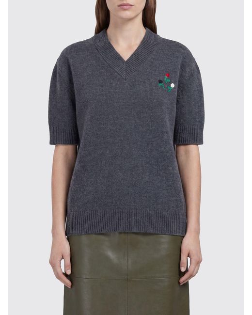 Marni Gray V-Neck Virgin Wool And Cashmere Sweater With Embroidery