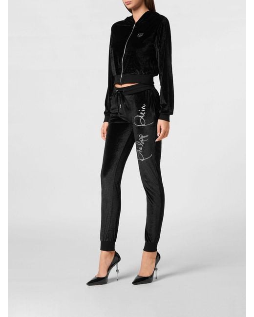 Philipp Plein Black Cropped Velvet Zip-Up Hoodie With Rhinestone Logo Detail