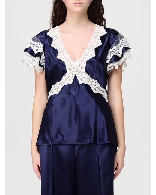 Alberta Ferretti Blue Satin Blouse With Lace Inserts