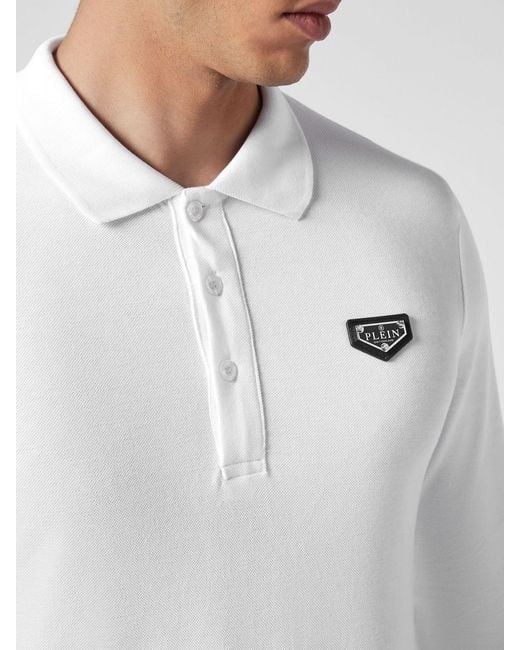 Philipp Plein White Slim Fit Long-Sleeved Cotton Polo Shirt With Applied Logo for men