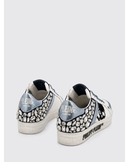 Philipp Plein White Skull Print Leather Low-Top Sneakers With Crystals