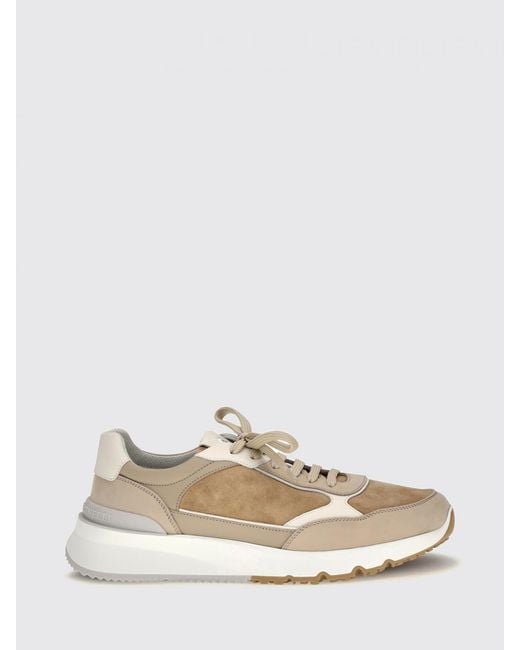 Brunello Cucinelli White Bicolor Suede And Leather Low-Top Sneakers With Serrated Sole for men