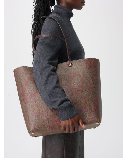 Etro Brown Arnica Coated Cotton Shopper Bag With Paisley Jacquard