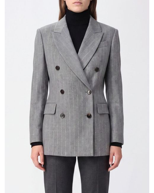 Brunello Cucinelli Gray Pinstripe Wool Short Double-Breasted Blazer With Sequins