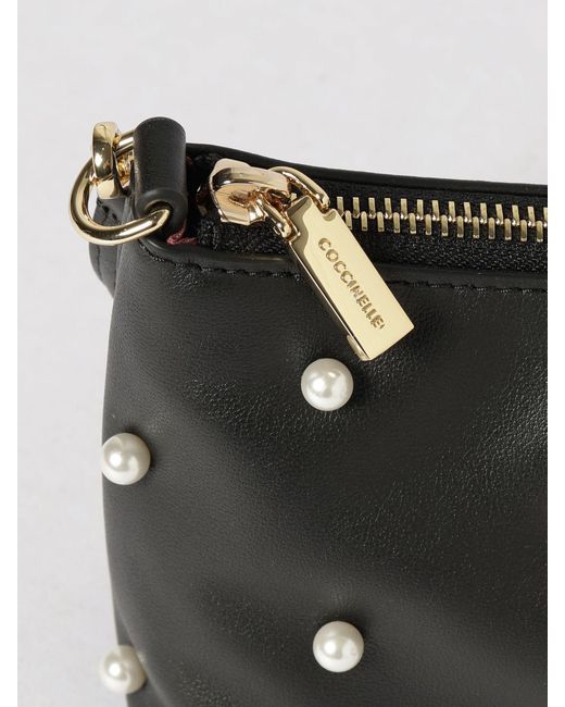 Coccinelle Gray Aura Leather Shoulder Bag With Synthetic Pearls