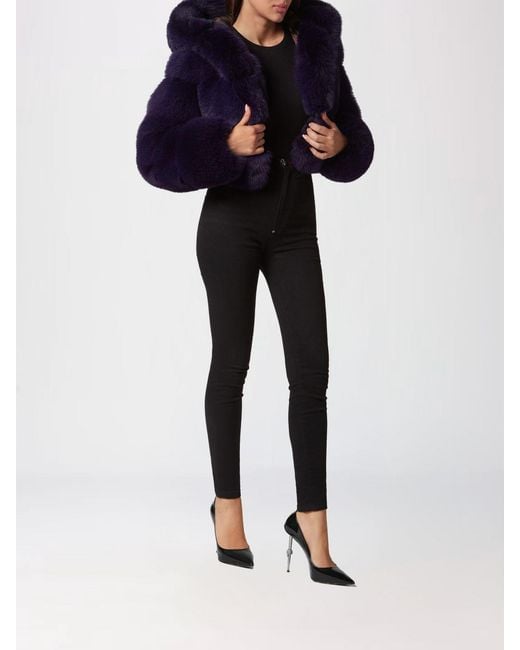 Philipp Plein Blue Bomber Jacket With Fox Fur Hood