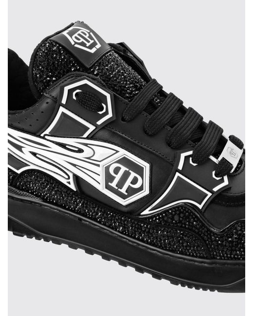 Philipp Plein Black Leather And Rubber Rhinestone Sneakers for men