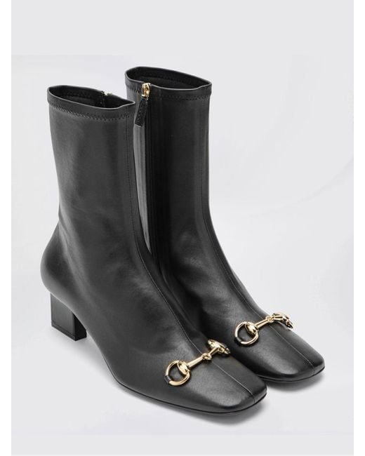 Gucci Black Signora Stretch Leather Ankle Boots With Horsebit And Block Heel