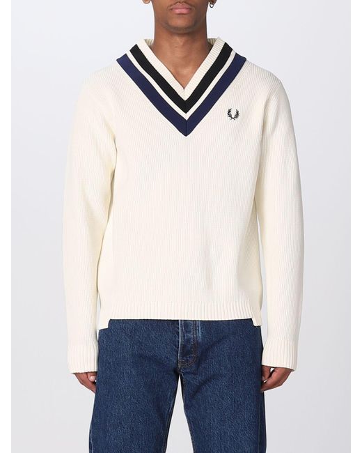 Fred Perry White Striped V-neck Knit Sweater for men