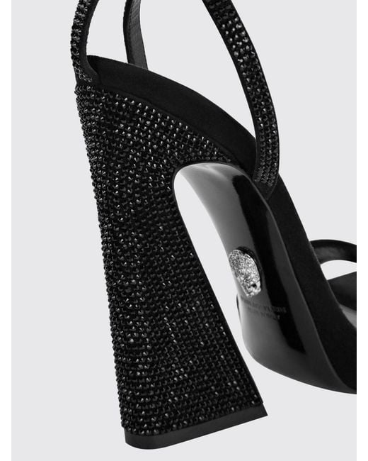 Philipp Plein Black High-Heeled Suede Sandals With Ankle Strap And Rhinestones
