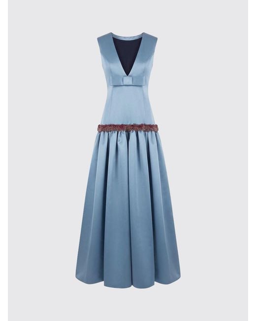 Vivetta Blue Flared Satin Midi Evening Dress With Beaded Embellishments