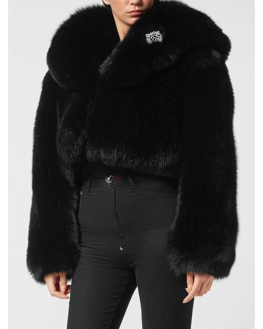 Philipp Plein Black Cropped Fox Fur Jacket With Crystals