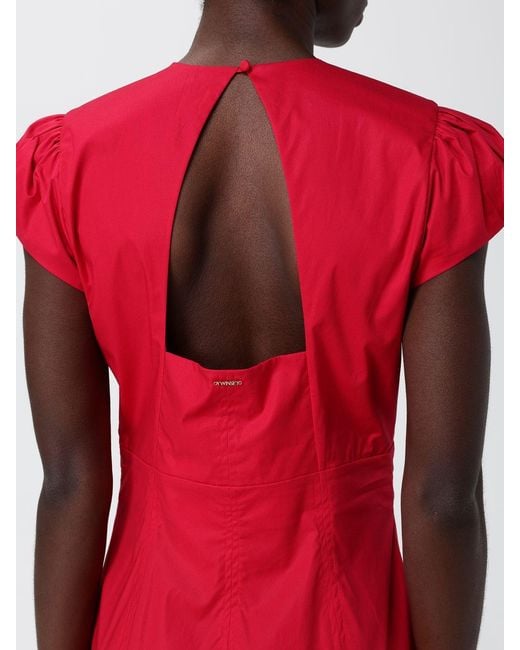Twinset Red A-Line Stretch Cotton Midi Dress With V-Neck And Short Sleeves