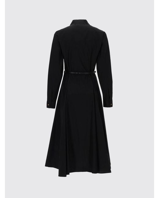 Max Mara Black Midi Chemisier Cotton Dress With Belt And Long Sleeves