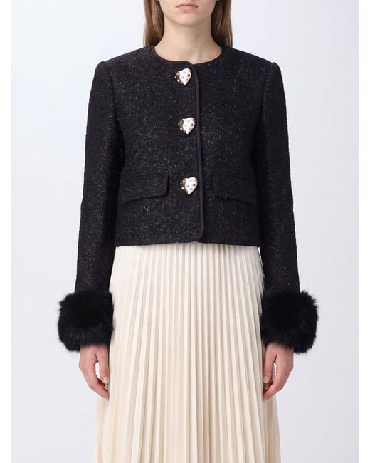 Self-Portrait Black Cropped Bouclé Blazer With Jewel Buttons And Fur Cuffs
