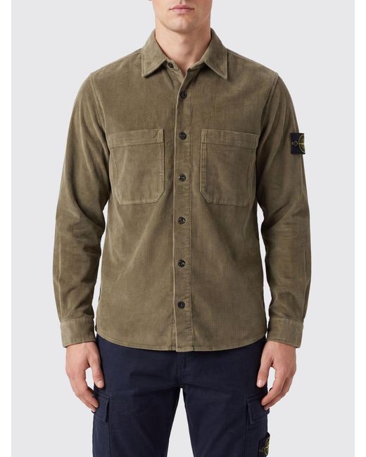 Stone Island Green Slim Fit Corduroy Shirt With Applied Compass Logo for men