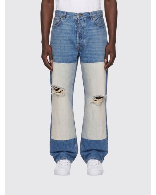 Maison Margiela Blue Straight Leg Cotton Denim Jeans With Patchwork Effect for men