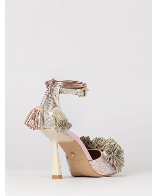 Kurt Geiger Natural Pom Pom Laminated Leather Rhinestone Sandal