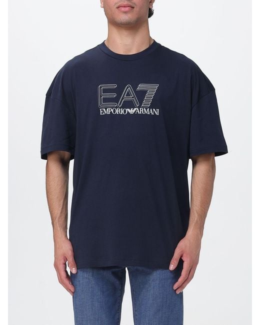 EA7 Blue Cotton Crew-Neck T-Shirt With Logo for men