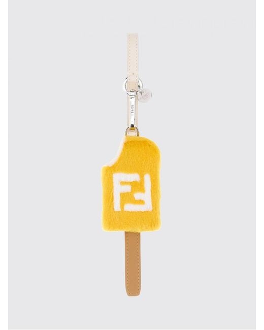 Fendi Yellow Shearling And Leather Keychain With Ff Monogram And Spring Clip for men
