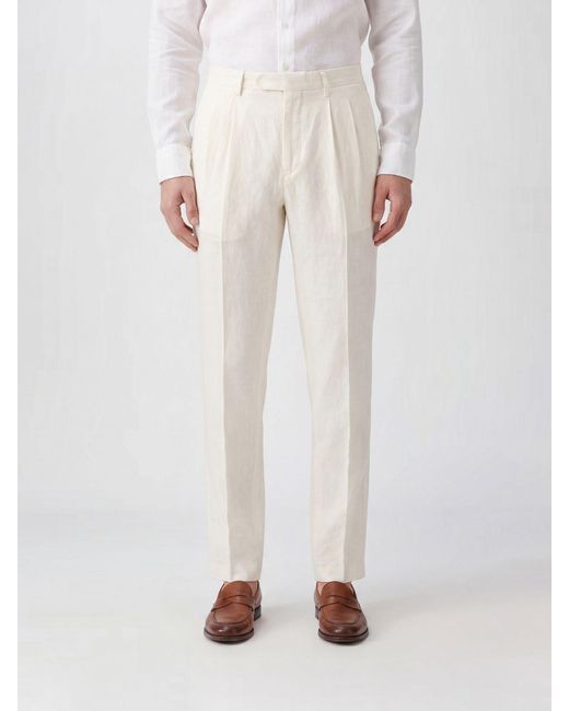 Boglioli White Slim Fit Linen Tailored Trousers With Belt Loops for men