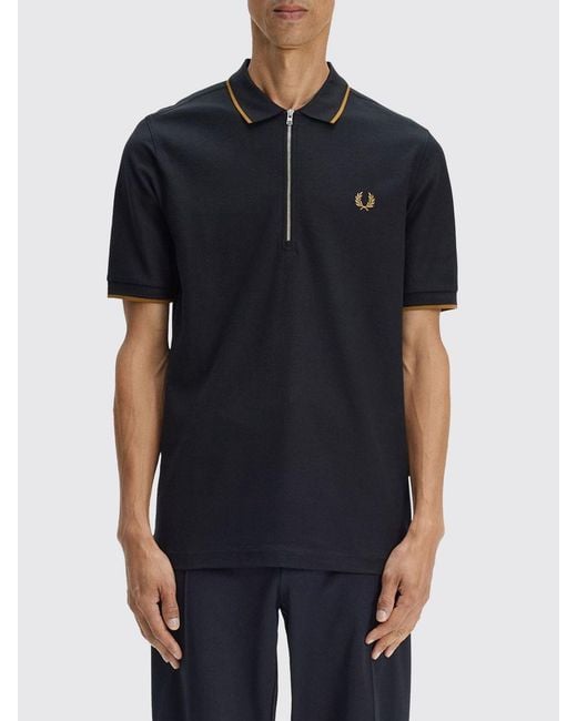 Fred Perry Black Zip-Up Cotton Polo Shirt With Contrast Trims And Embroidered Logo for men