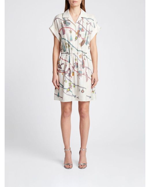 Versace White Graphic-Print Silk Twill Mini Shirt Dress With Ruched Waist