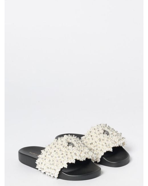 Kurt Geiger White Meena Eagle Rubber Sliders With Synthetic Pearls And Rhinestones