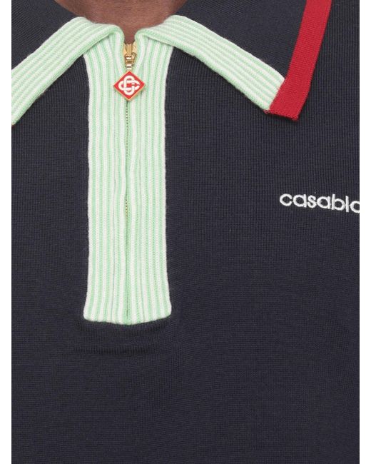 Casablanca Blue Slim Fit Zipped Wool Knit Polo Shirt With Contrast Trims for men