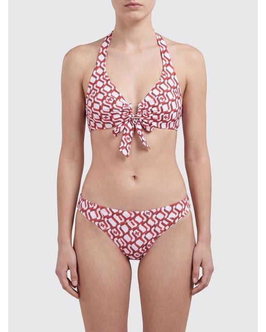 Max Mara Red Monogram Print Halterneck Bikini Top