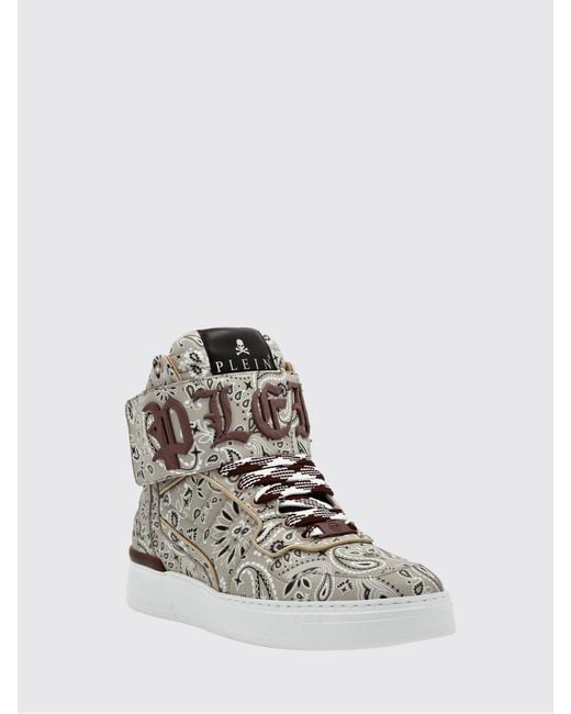 Philipp Plein White High-Top Leather Sneakers With Paisley Print And Padded Ankle for men