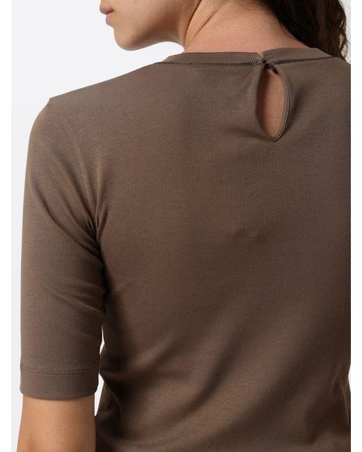 Brunello Cucinelli Brown Stretch Cotton T-Shirt With Monili Embellishment