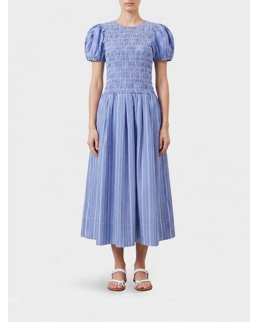 Ganni Blue Striped Cotton Midi Dress With Puff Sleeves