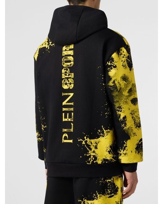 Philipp Plein Black Cotton Hoodie With Abstract Print And Hexagon Logo for men
