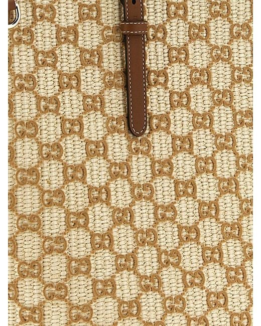 Gucci Natural Large Raffia Tote Bag With Flocked Gg Monogram And Double Handles