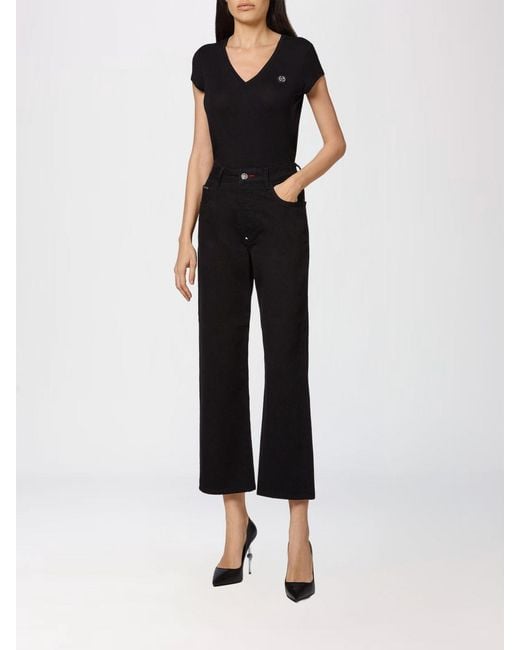 Philipp Plein Black High-Waisted Wide Leg Cropped Stretch Denim Jeans