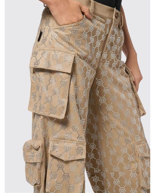 Philipp Plein Natural Cotton Cargo Trousers With Rhinestones
