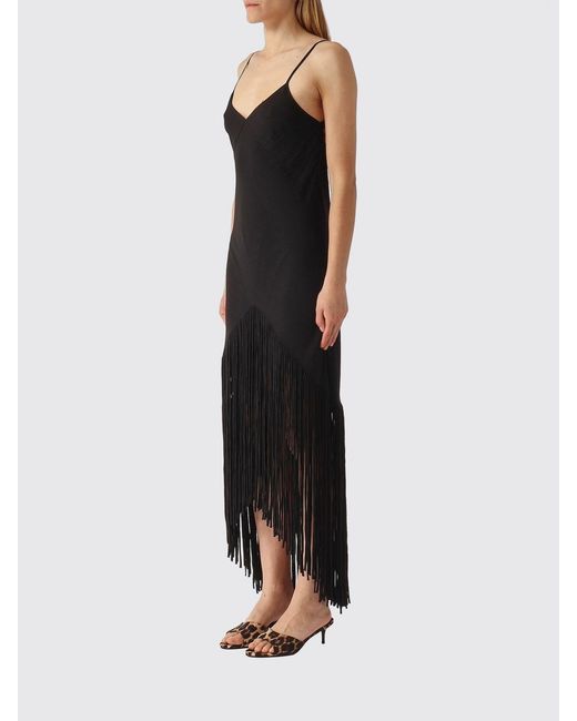 Pinko Black Viscose Blend Midi Dress With Fringes