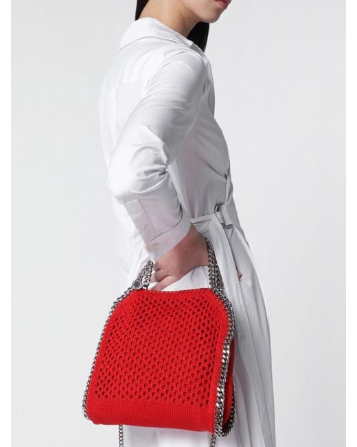 Stella McCartney Red Falabella Crochet Cotton Handbag With Metallic Chain