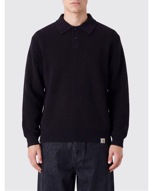 Carhartt Blue Long-Sleeved Cotton Knit Polo With Ribbed Collar for men