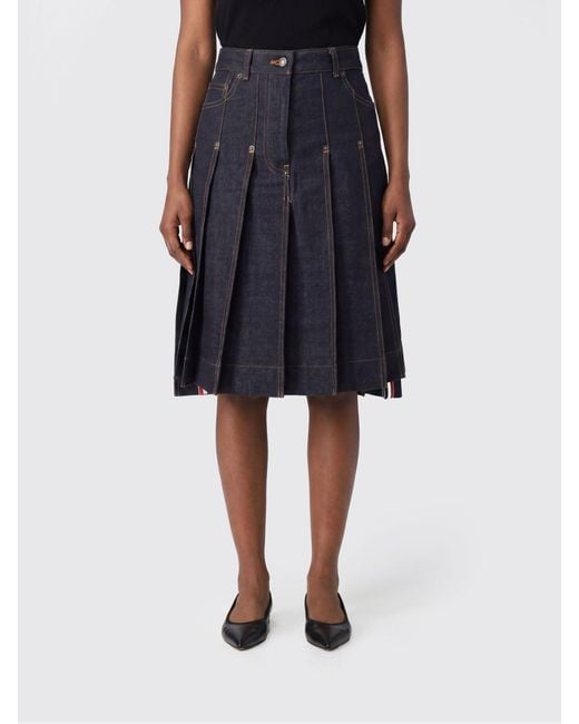 Thom Browne Blue High-Waisted Pleated Denim Midi Skirt With Flag Logo