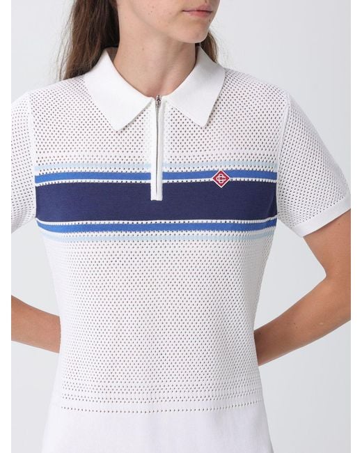 Casablanca White Striped Perforated-Knit Cotton-Blend Mini Polo Dress