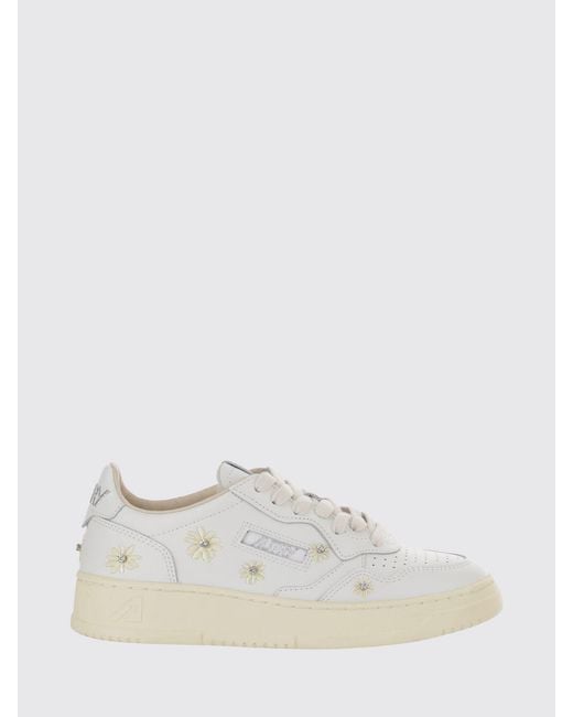Autry White Medalist Low Leather Sneakers With Embroidered Flowers And Rhinestones