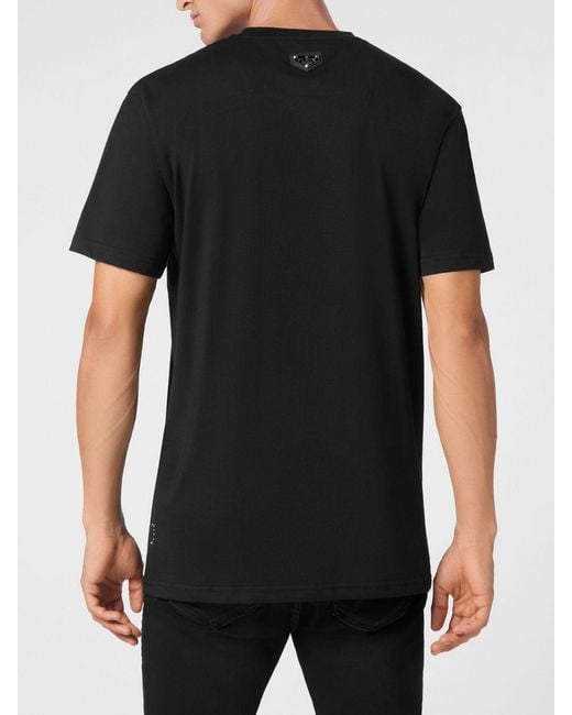 Philipp Plein Black Cotton T-Shirt With Skull Print And Rhinestone Hexagon Logo for men