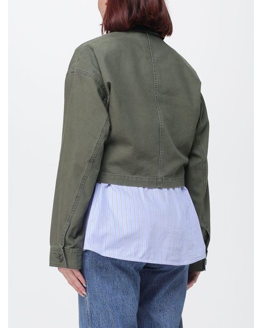 Anine Bing Green Yuma Cotton Shirt Jacket With Contrast Leather Collar