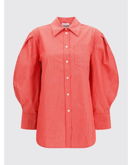 Ganni Pink Striped Cotton Shirt With Balloon Sleeves