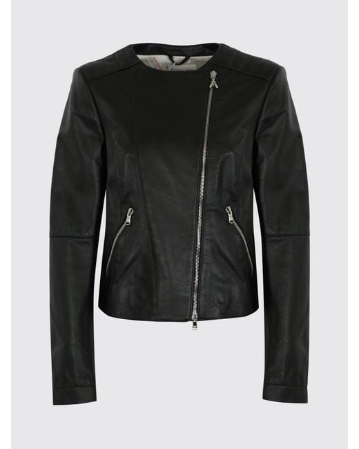 Patrizia Pepe Black Slim Fit Lambskin Leather Jacket With Round Neck And Fly Logo
