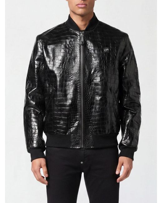 Philipp Plein Black Crocodile Print Leather Bomber Jacket for men