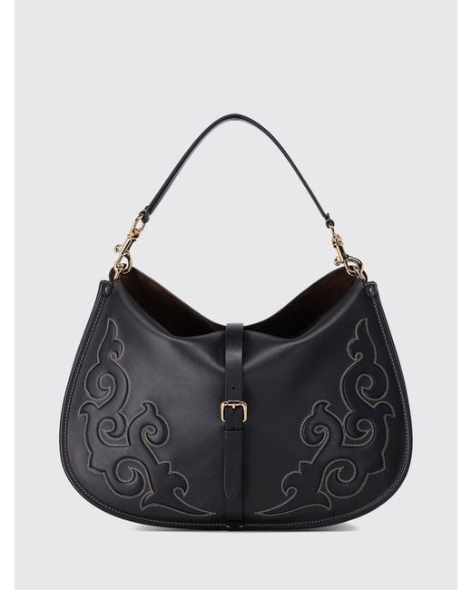 Etro Black Embroidered Calfskin Shoulder Bag With Buckle Closure
